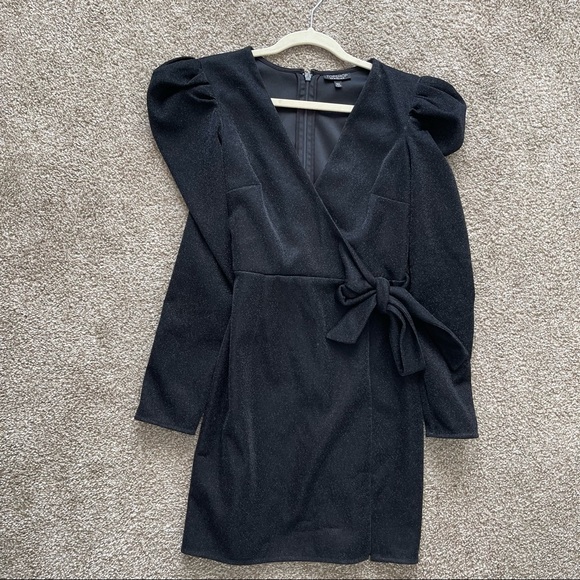 TOPSHOP black sparkly dress belted puff long sleeve Size US 6 - Picture 7 of 8
